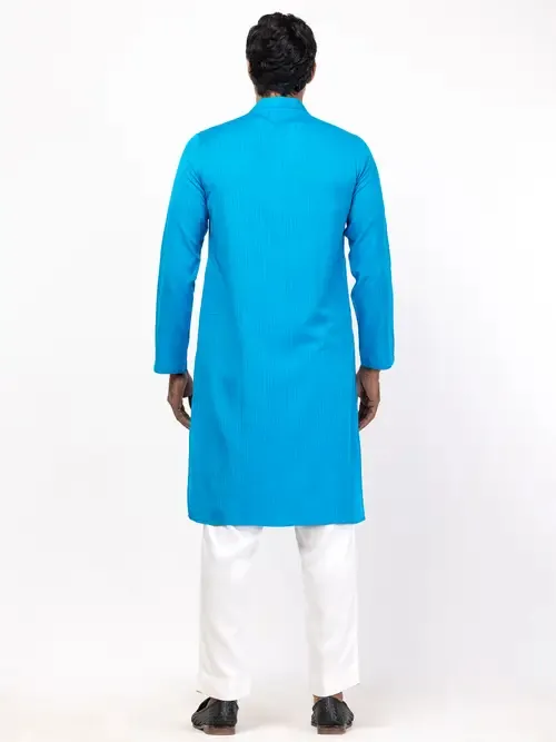 Blue Printed and Embroidered Viscose-Cotton Slim Fit Panjabi Pajama Set